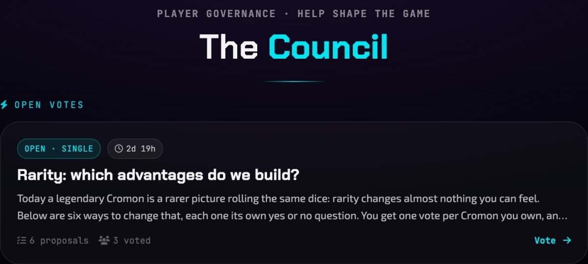 The Council screen of Cromon Quest showing an open vote titled Rarity: which advantages do we build?, with its description, six proposals and the time left to vote.