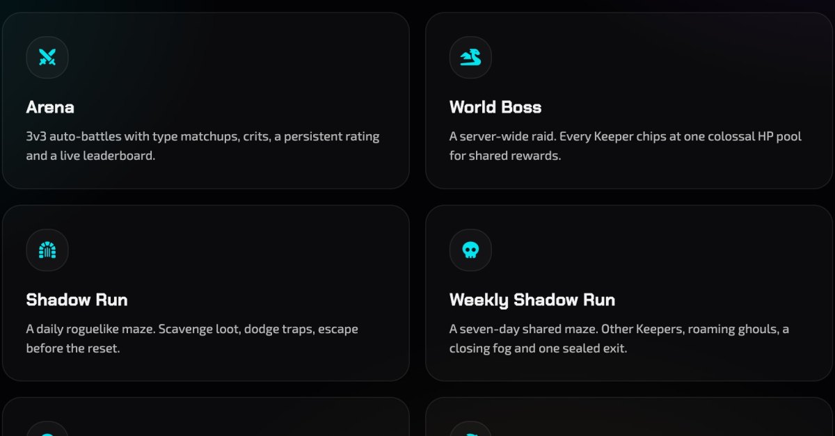 The Game modes hub of Cromon Quest: cards for the Arena, 3v3 auto-battles with type matchups, the World Boss, a server-wide raid on one HP pool, the daily Shadow Run maze and the seven-day Weekly Shadow Run with other Keepers, roaming ghouls and a closing fog.