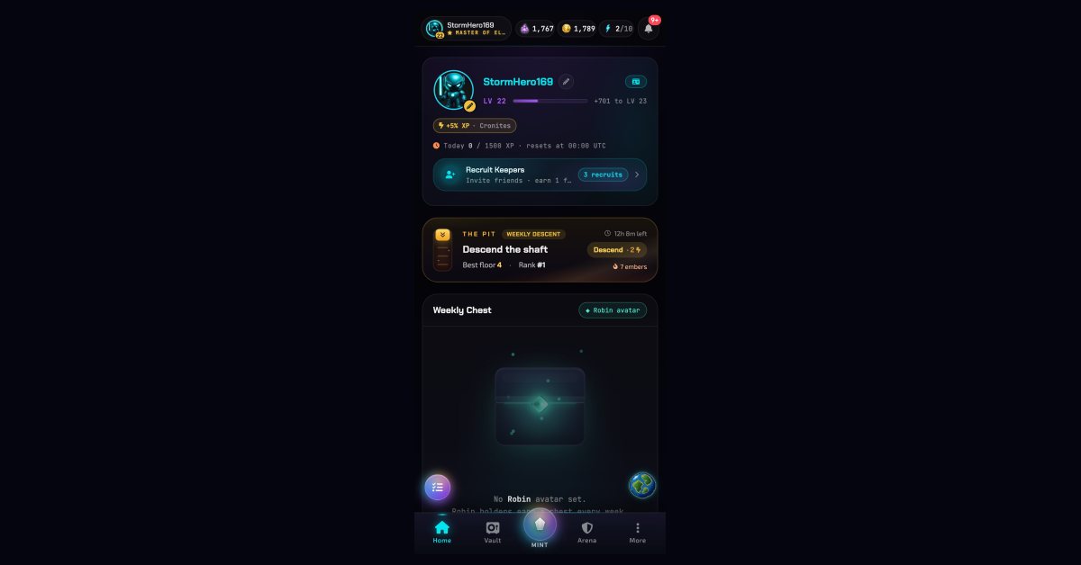 Cromon Quest rendered at phone size: the Keeper dashboard with the Shards, CroCoin and Aether pills at the top, the level bar, the Recruit Keepers panel, the weekly Pit card, and the bottom navigation bar with Home, Vault, Mint, Arena and More.