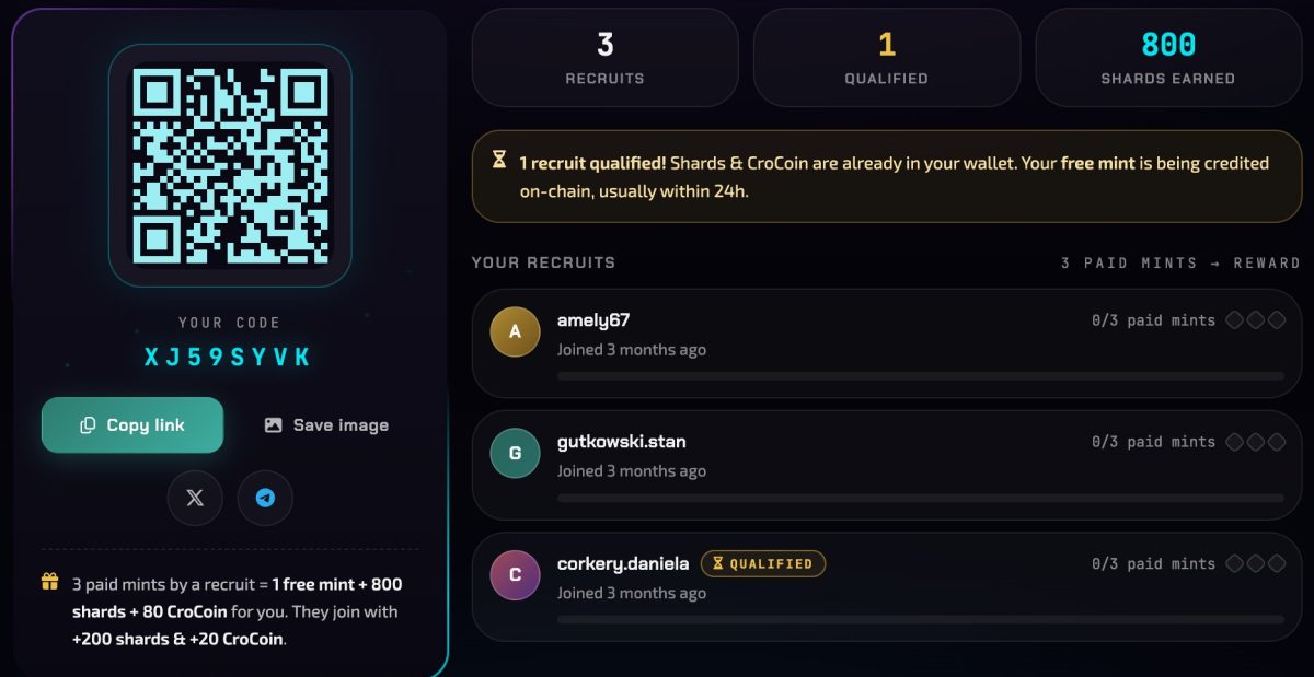 The Recruit Keepers panel of Cromon Quest showing a Keeper's referral code, the share link with its QR code, and the list of recruits with their paid-mint progress.
