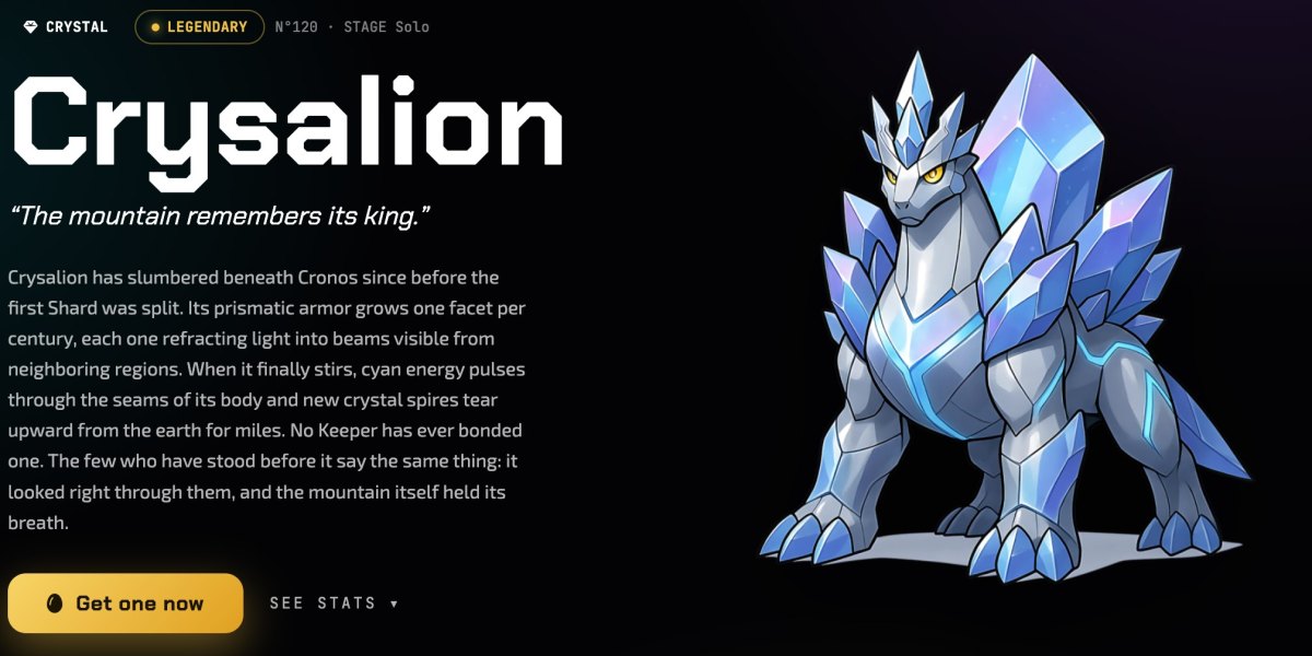 The species page of Crysalion, number 120, a Legendary Crystal Cromon of Cromon Quest: its tagline, The mountain remembers its king, its lore, a Get one now button and a See stats link, next to the artwork of a crystal-armoured beast.