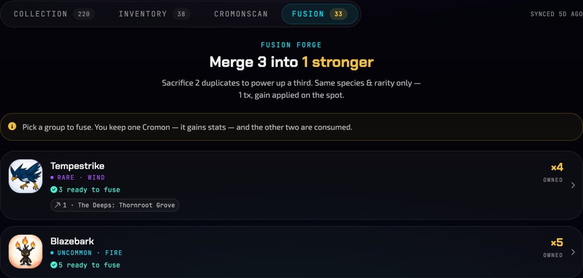 The Fusion tab of the Cromon Vault in Cromon Quest, titled Merge 3 into 1 stronger, listing groups ready to fuse: Tempestrike, Rare Wind, 4 owned and 3 ready with one away in The Deeps; Blazebark, Uncommon Fire, 5 owned; Umbrawl, Epic Shadow, 3 owned.