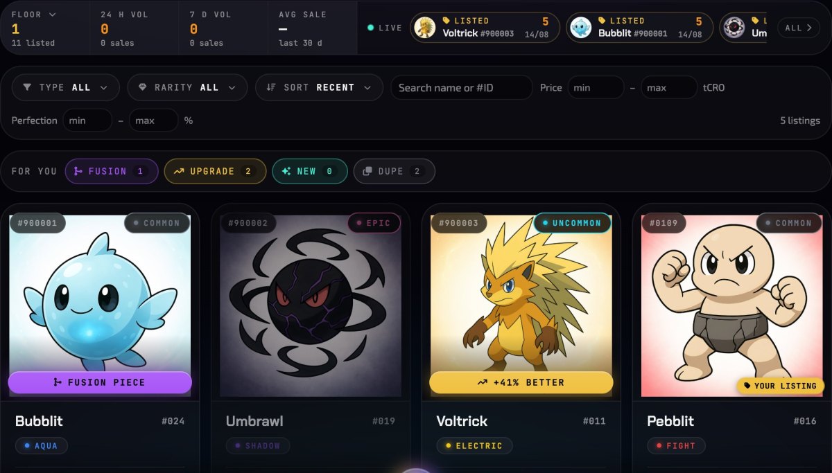 The Cromon Quest marketplace on the Cronos testnet: a stats bar with the floor price, 24-hour and 7-day volume and average sale, a live feed of new listings, filters by type, rarity, sort, name, price range and perfection range, a For you strip with Fusion, Upgrade, New and Dupe chips, and four listing cards: a Common Bubblit tagged Fusion piece, an Epic Umbrawl, an Uncommon Voltrick tagged 41 percent better, and a Common Pebblit tagged Your listing.