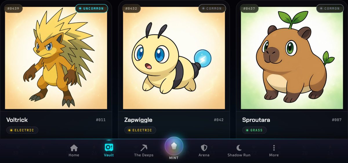 Three Cromon cards in a Keeper's vault: Voltrick, an Uncommon Electric Cromon, Zapwiggle, a Common Electric one, and Sproutara, the Common Grass starter every new Keeper receives for free.