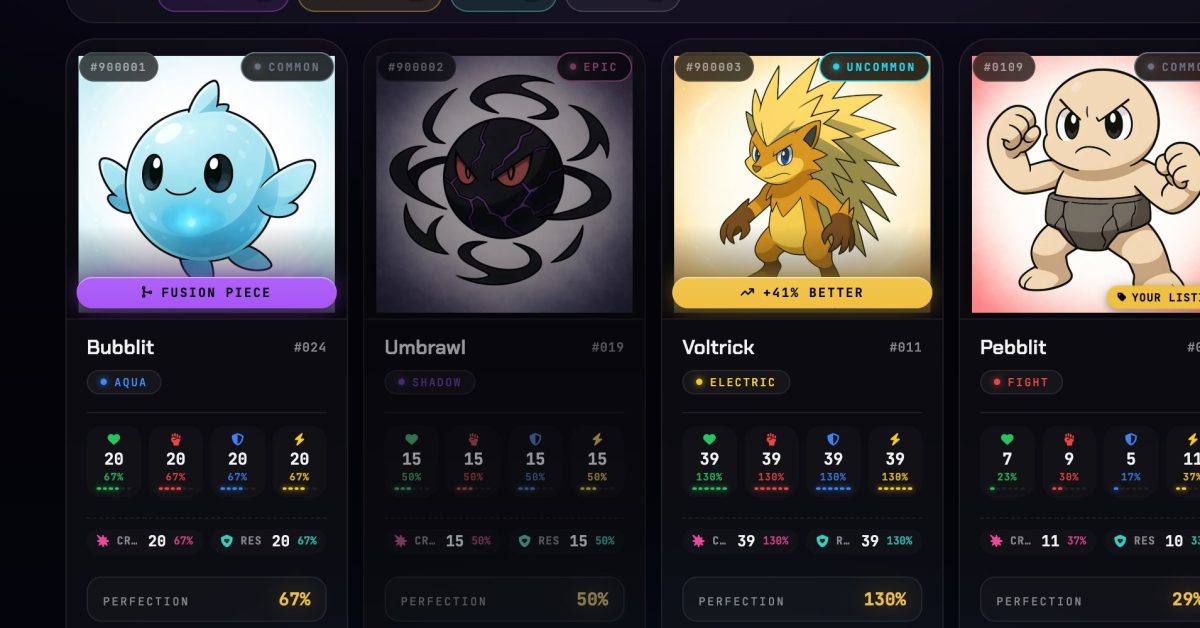 Four Cromon listings side by side: Bubblit, an Aqua Cromon at 67% perfection, Umbrawl at 50%, Voltrick at 130% and Pebblit at 29%, each card showing its six attribute values.