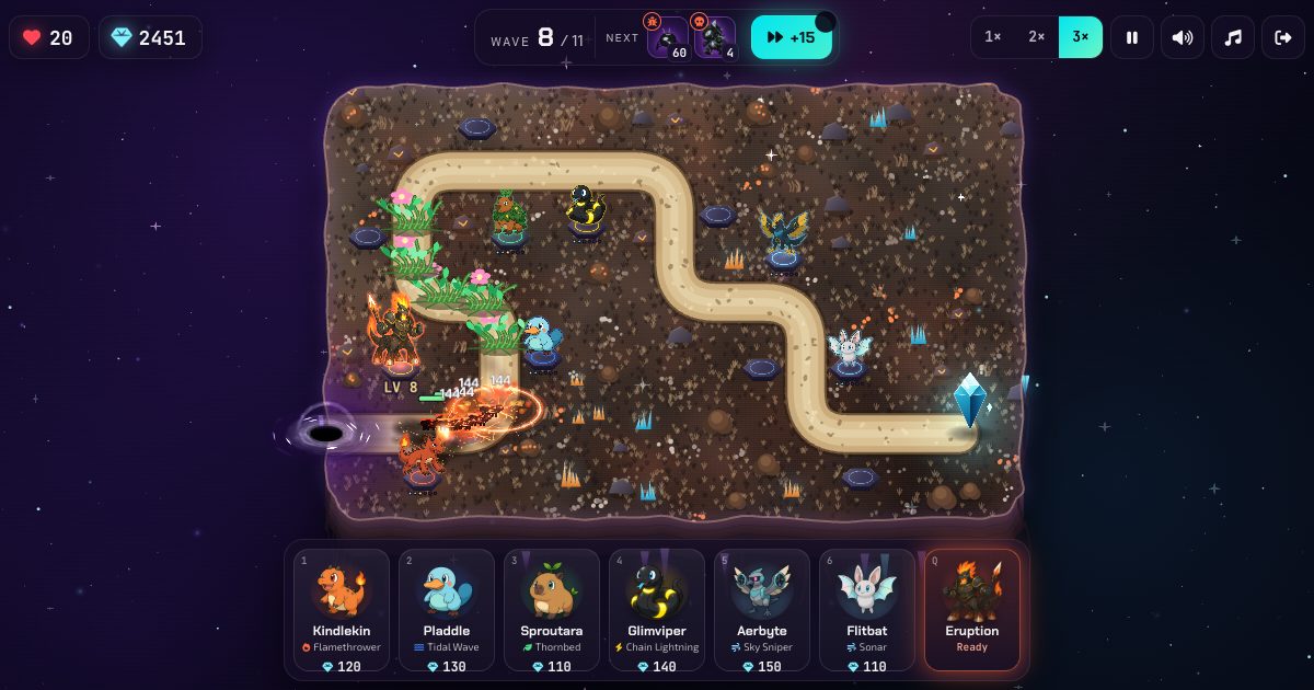 A Rift Defense level of Cromon Quest in the Ember Terraces: Vulkentaur, the legendary fire Cromon, burns a wave of corrupted creatures at the Breach while Pladdle, Sproutara, Glimviper, Aerbyte and Flitbat hold sockets along the road to the crystal Heart, with the deck of towers at the bottom of the screen.