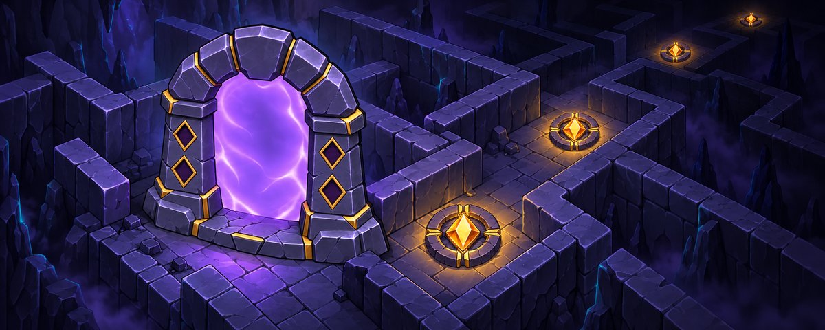 The sealed door of the Shadow Run in Cromon Quest: the stone arch a Keeper enters the daily maze by, its four sockets still empty, and the Sigils glowing deeper and deeper in the corridors behind it.