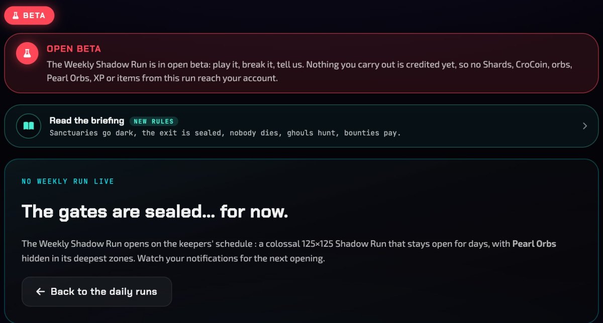 The Weekly Shadow Run screen of Cromon Quest, titled The Long Dark: a red Open Beta notice explaining that nothing carried out is credited yet, a Read the briefing card summarising the new rules, sanctuaries go dark, the exit is sealed, nobody dies, ghouls roam, bounties pay, and a No weekly run live panel announcing a colossal 125 by 125 maze with Pearl Orbs in its deepest zones.