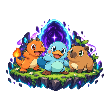Kindlekin, Pladdle and Sproutara, the three starter Cromons, on an island before the Breach